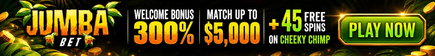 Jumba Bet welcome bonus 300% match up to $5,000 plus 45 free spins on Cheeky Chimp