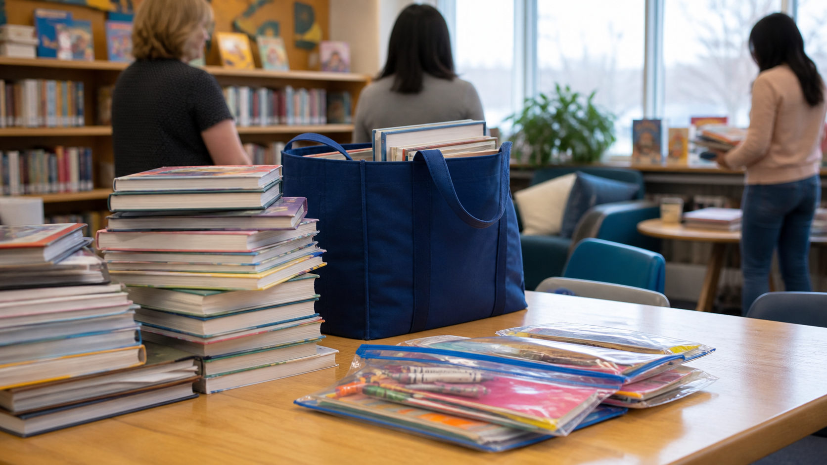 Children’s books and reading kits on a community library table