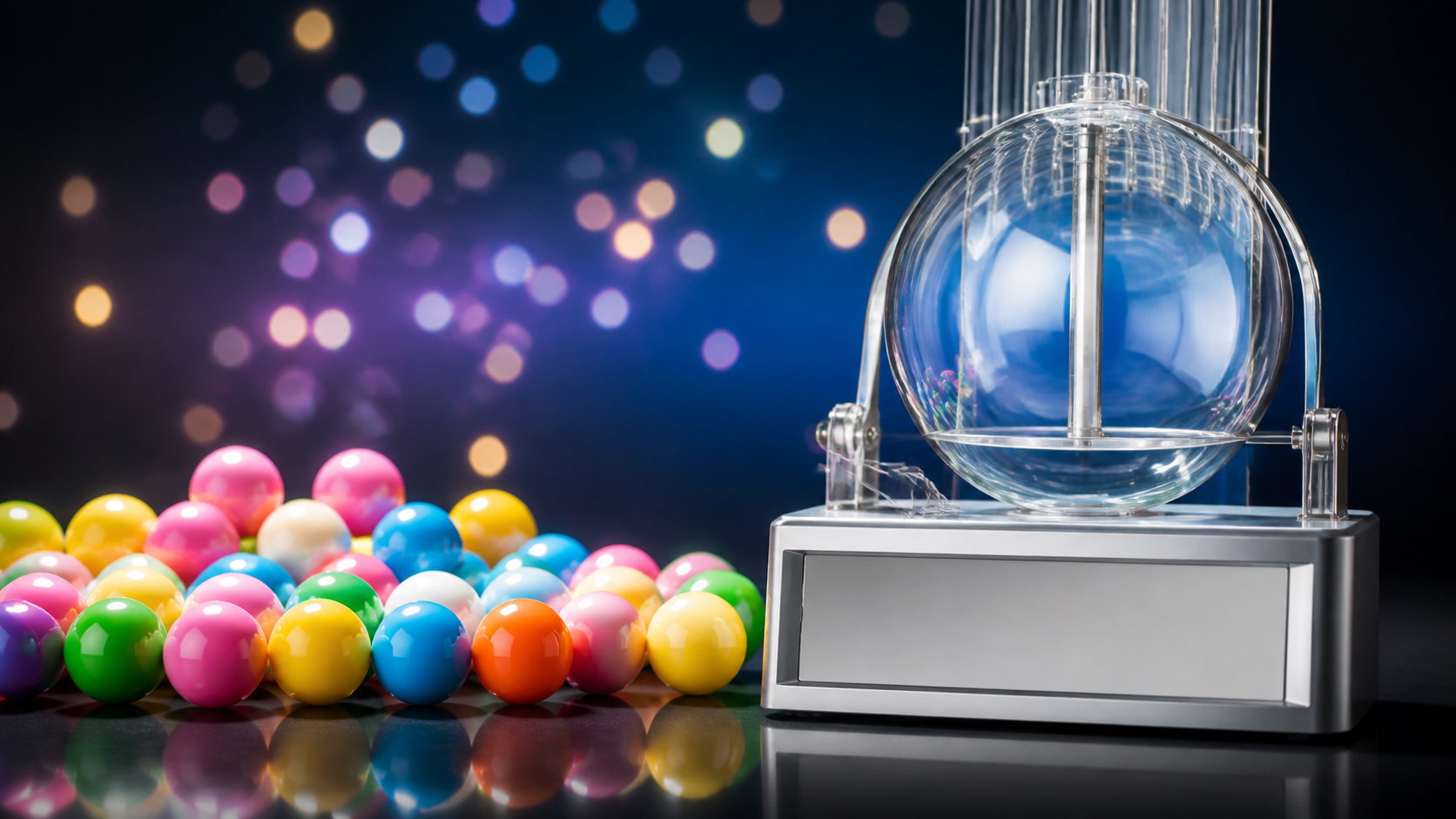 Lottery balls and a large jackpot display in a neutral studio