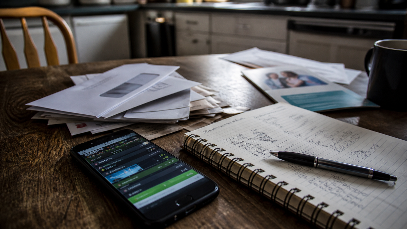 Budget notebook and generic blurred betting phone beside bills