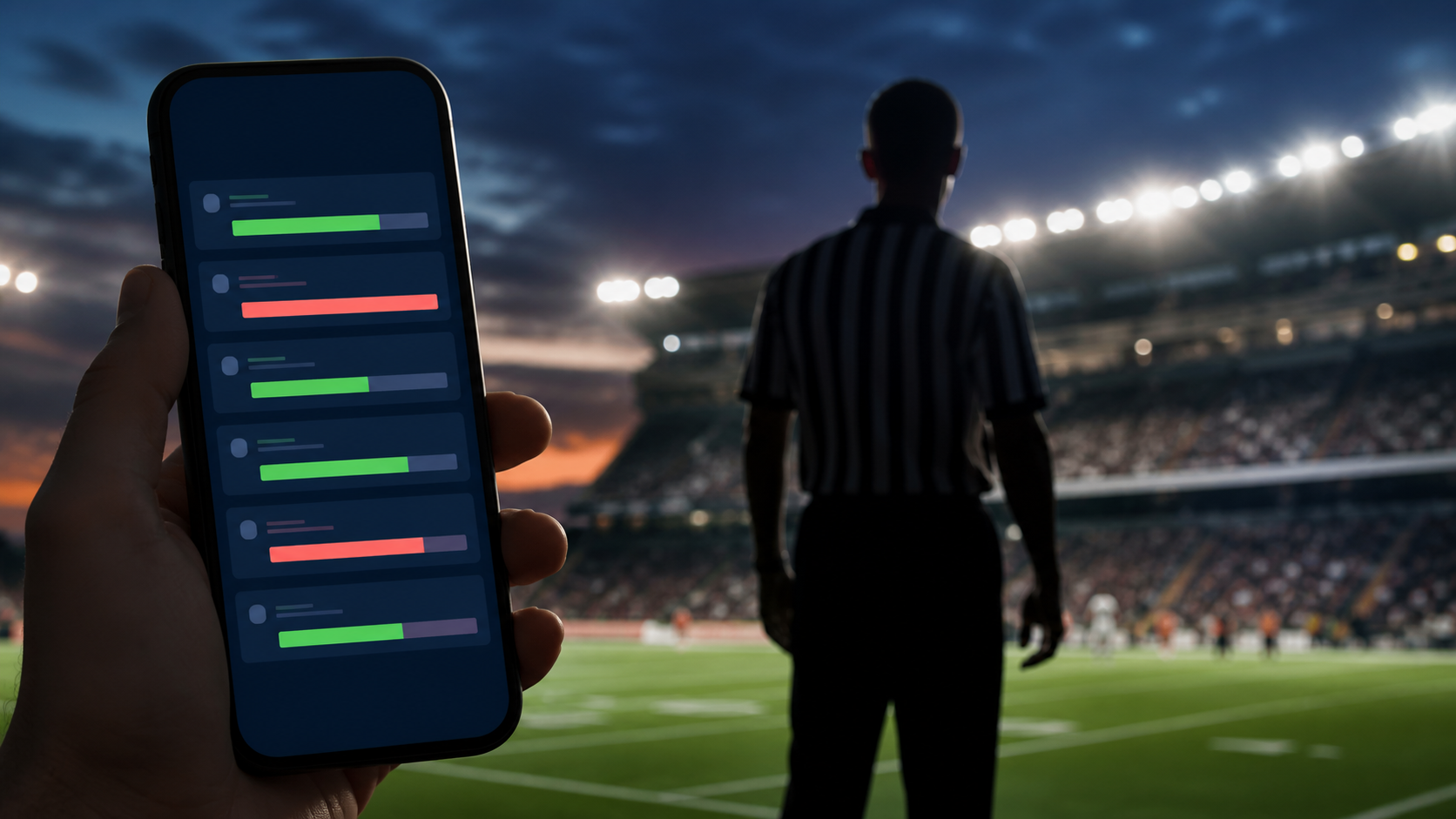Mobile sports market interface beside a stadium under evening lights