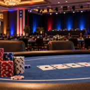 Editorial illustration of an Arkansas casino poker tournament, playing cards, and a casino event hall