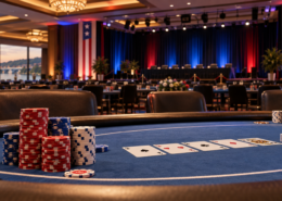 Editorial illustration of an Arkansas casino poker tournament, playing cards, and a casino event hall