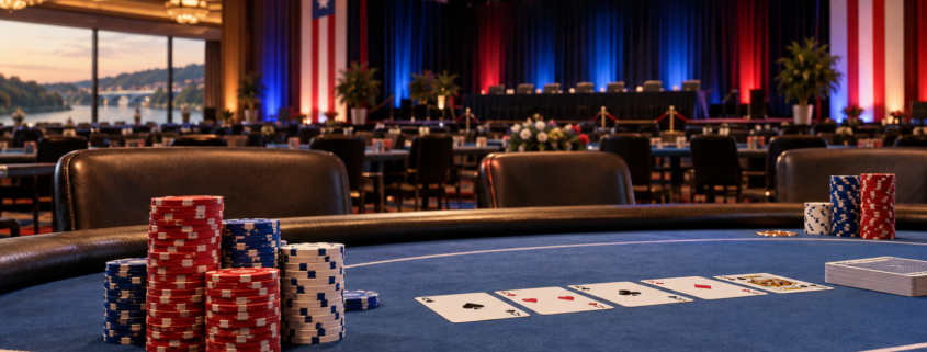 Editorial illustration of an Arkansas casino poker tournament, playing cards, and a casino event hall