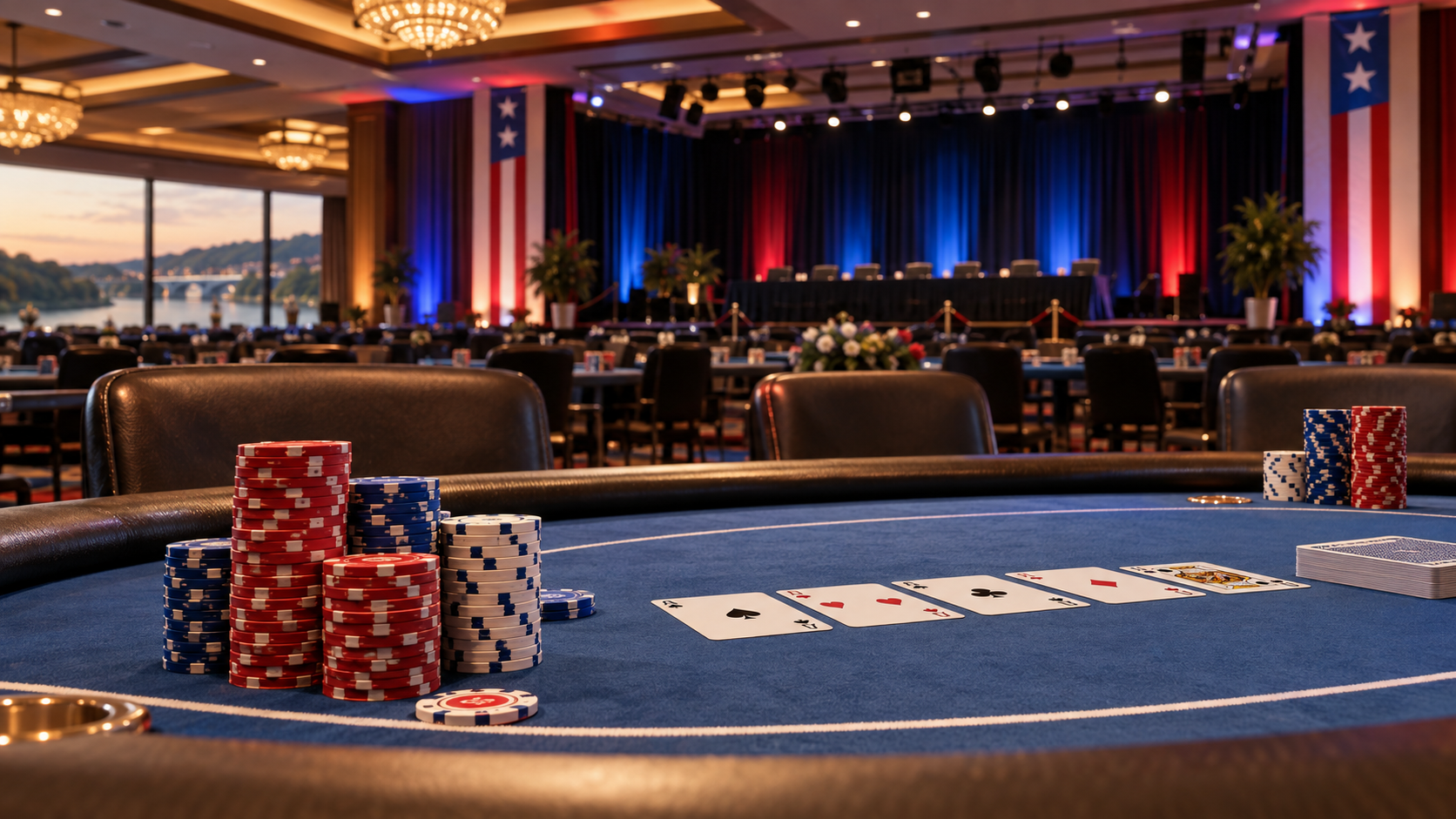 Editorial illustration of an Arkansas casino poker tournament, playing cards, and a casino event hall