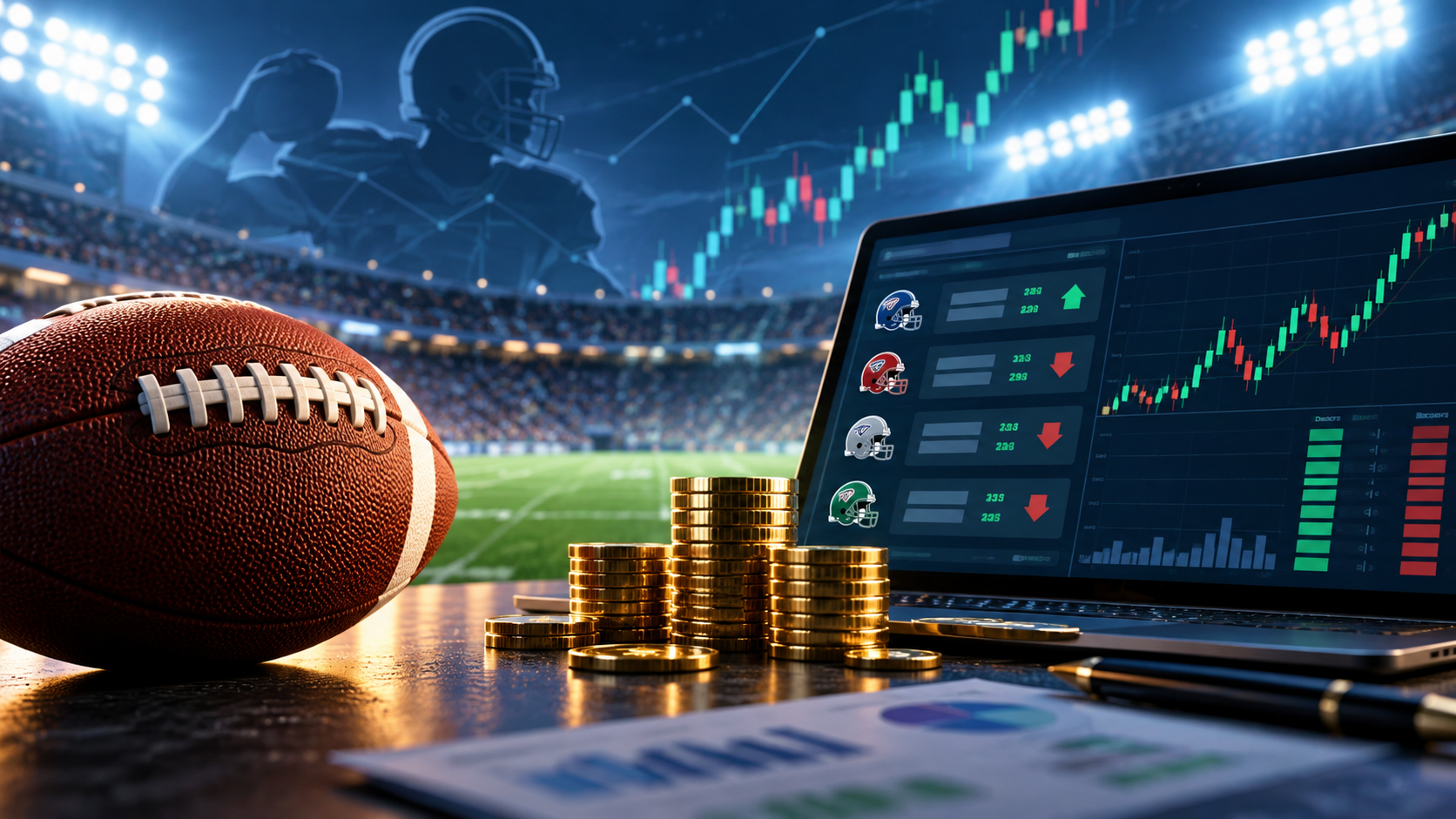 Editorial illustration of NFL prediction-market trading screens and exchange fee analysis