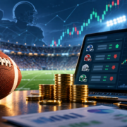 Editorial illustration of NFL prediction-market trading screens and exchange fee analysis
