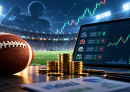 Editorial illustration of NFL prediction-market trading screens and exchange fee analysis