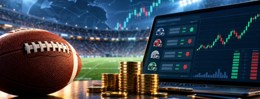 Editorial illustration of NFL prediction-market trading screens and exchange fee analysis