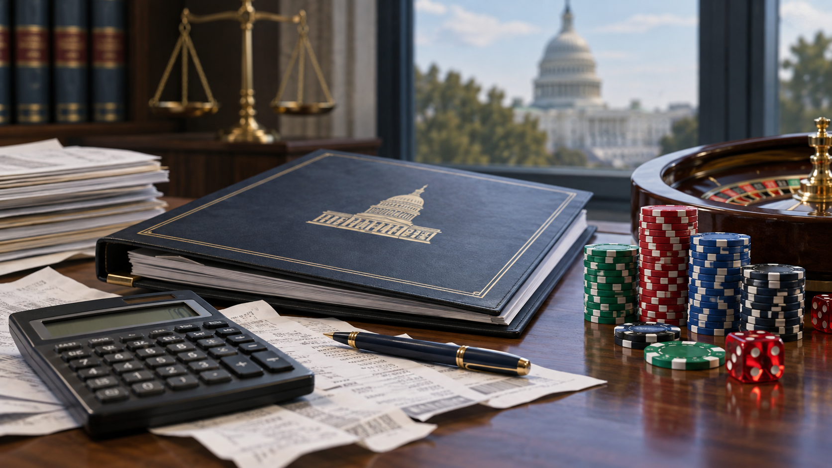 Editorial illustration of US gambling tax policy, receipts, and a federal legislative debate