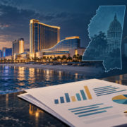 Editorial illustration of Mississippi casino revenue, a state gaming commission report, and a Gulf Coast casino