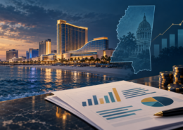 Editorial illustration of Mississippi casino revenue, a state gaming commission report, and a Gulf Coast casino