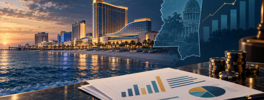 Editorial illustration of Mississippi casino revenue, a state gaming commission report, and a Gulf Coast casino