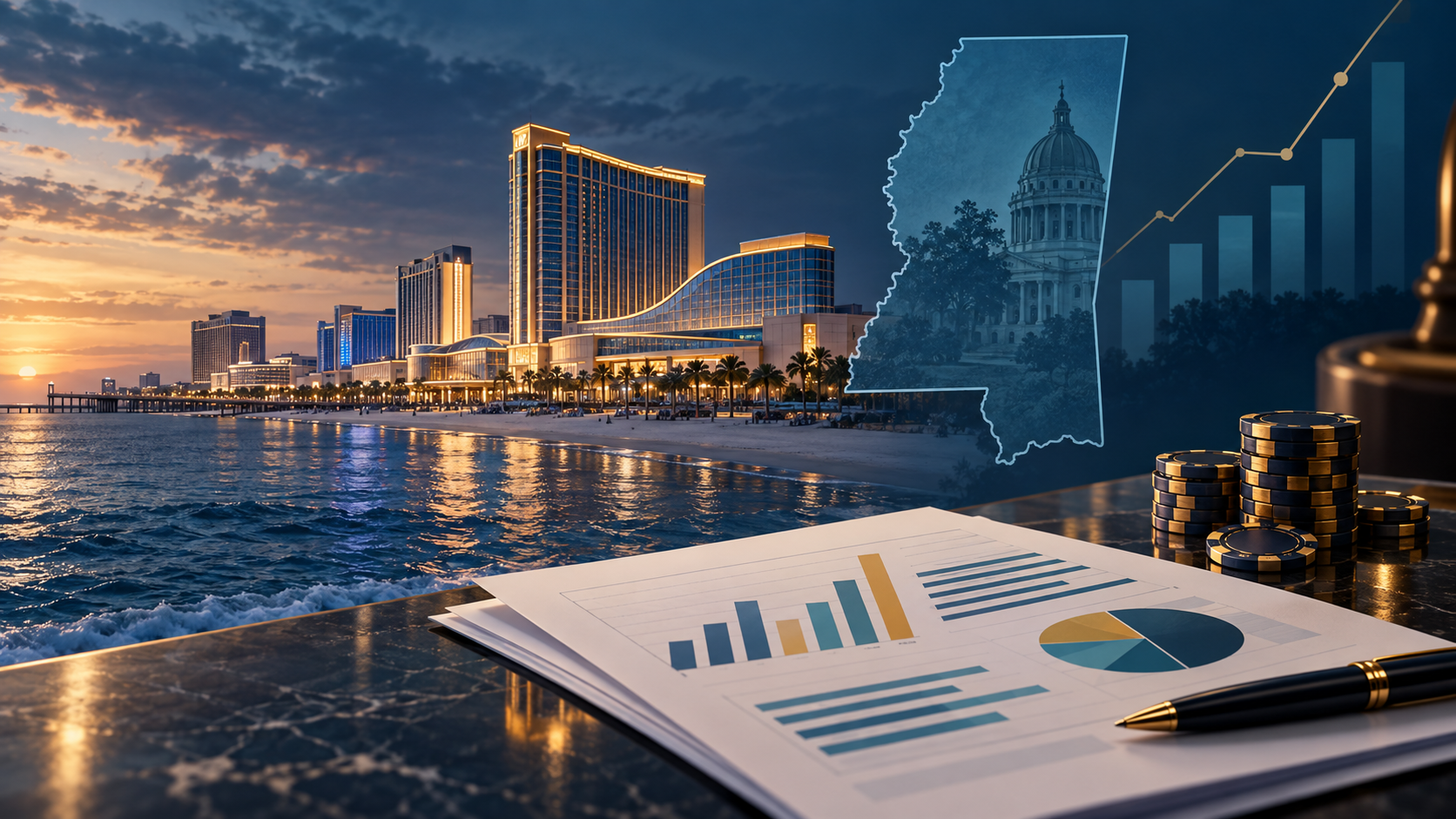 Editorial illustration of Mississippi casino revenue, a state gaming commission report, and a Gulf Coast casino