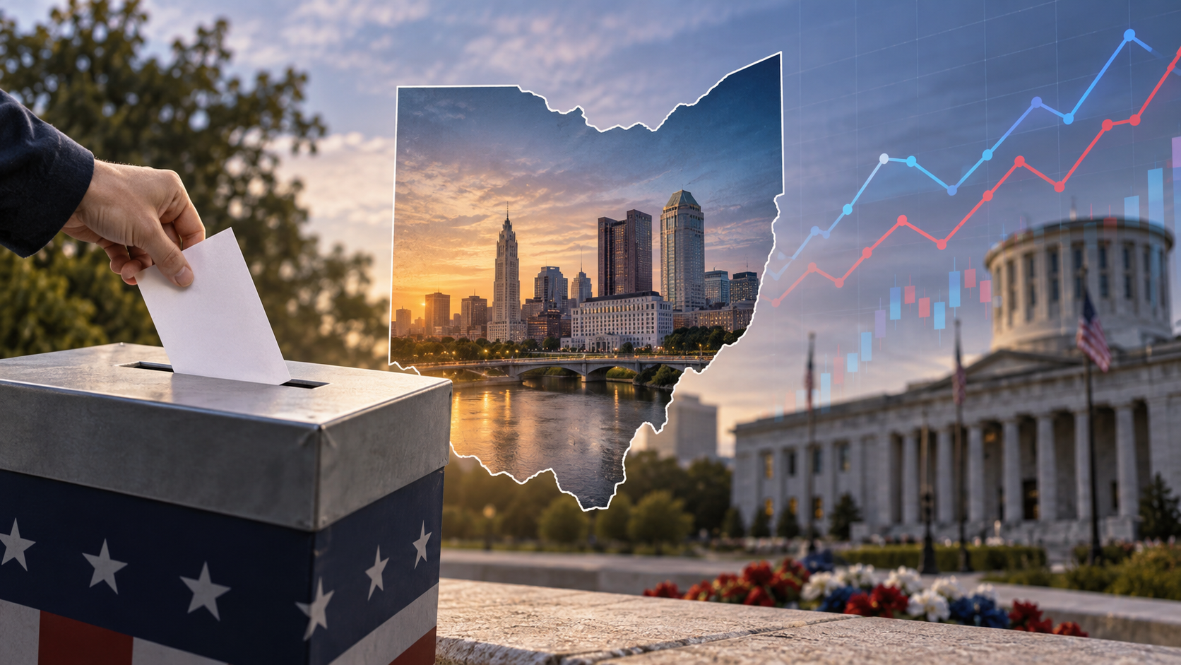 Editorial illustration of Ohio prediction markets, a governor's race, and event-contract trading