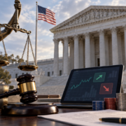 Editorial illustration of a US federal court, prediction markets, and CFTC jurisdiction