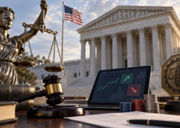 Editorial illustration of a US federal court, prediction markets, and CFTC jurisdiction