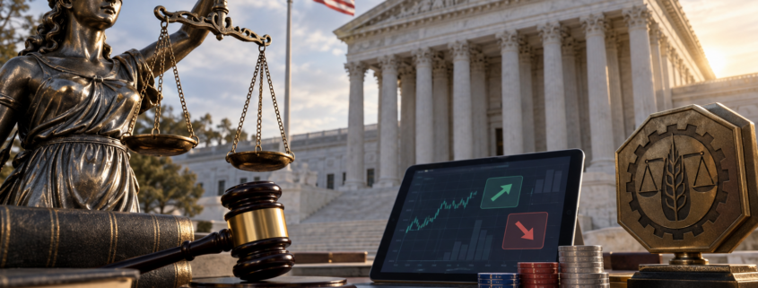 Editorial illustration of a US federal court, prediction markets, and CFTC jurisdiction