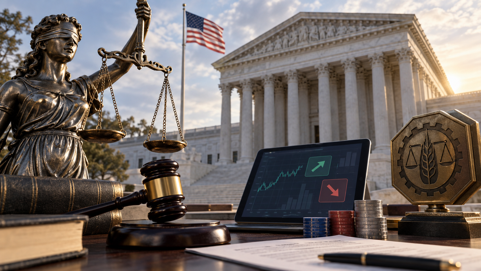 Editorial illustration of a US federal court, prediction markets, and CFTC jurisdiction