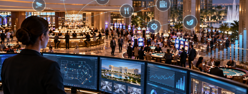 Editorial illustration of an integrated casino resort operations platform