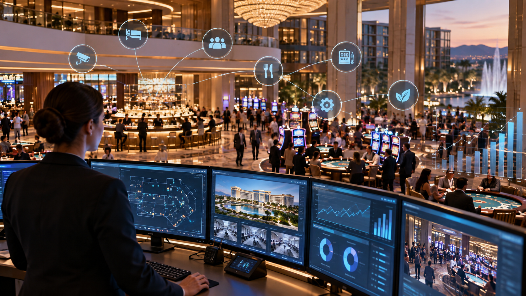 Editorial illustration of an integrated casino resort operations platform