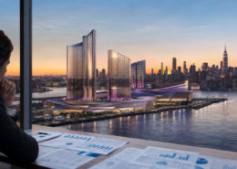 Editorial illustration of a New York casino market outlook and financial forecast