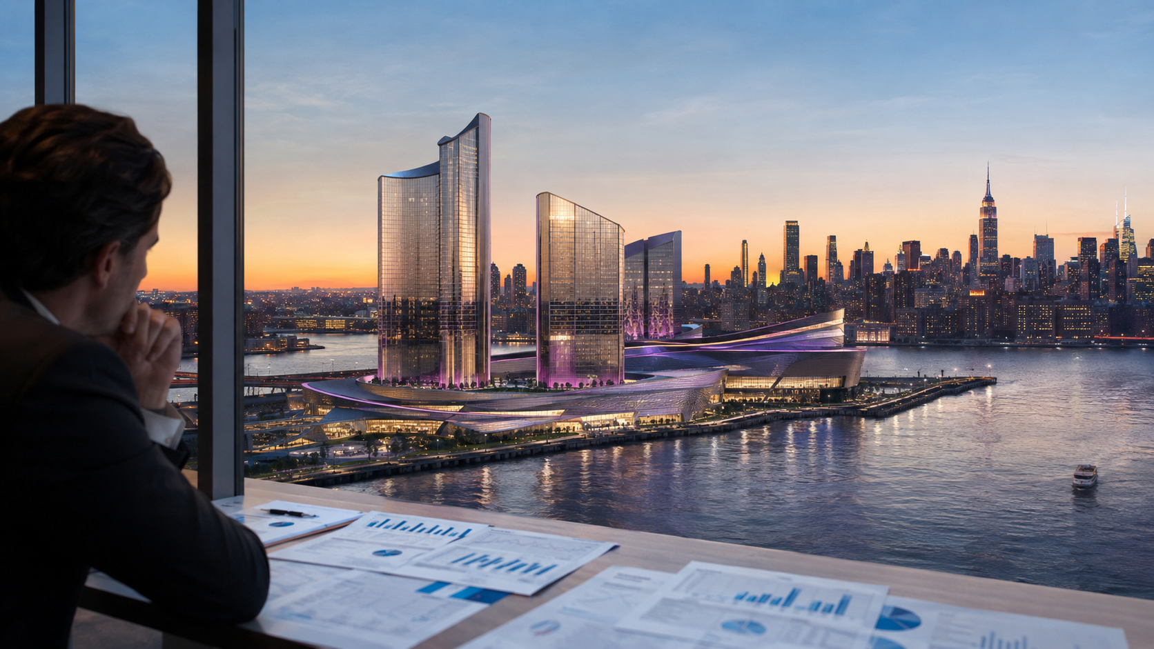 Editorial illustration of a New York casino market outlook and financial forecast