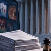 Editorial illustration of an online gaming company bankruptcy filing, court papers, and a digital platform
