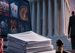 Editorial illustration of an online gaming company bankruptcy filing, court papers, and a digital platform