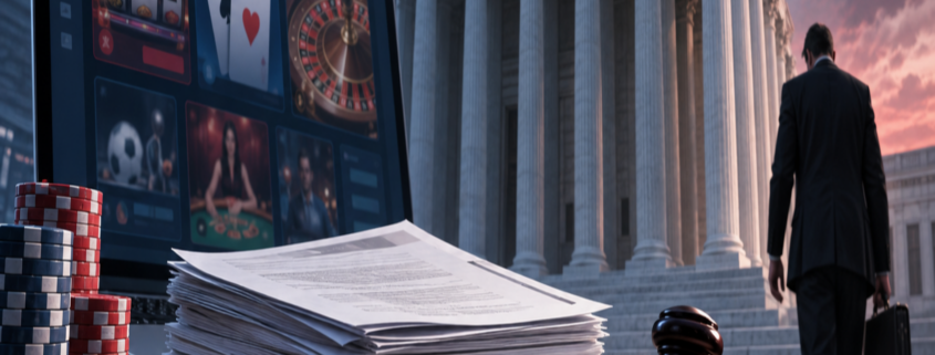 Editorial illustration of an online gaming company bankruptcy filing, court papers, and a digital platform