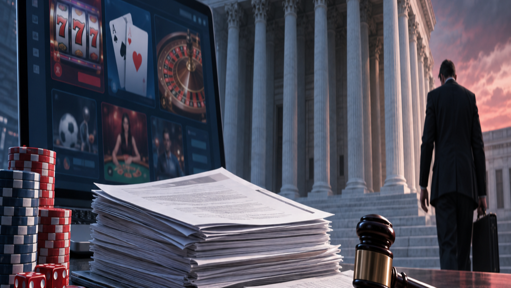 Editorial illustration of an online gaming company bankruptcy filing, court papers, and a digital platform