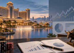 Editorial illustration of sports betting economics, a sportsbook ledger, and market data