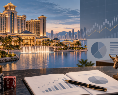 Editorial illustration of sports betting economics, a sportsbook ledger, and market data