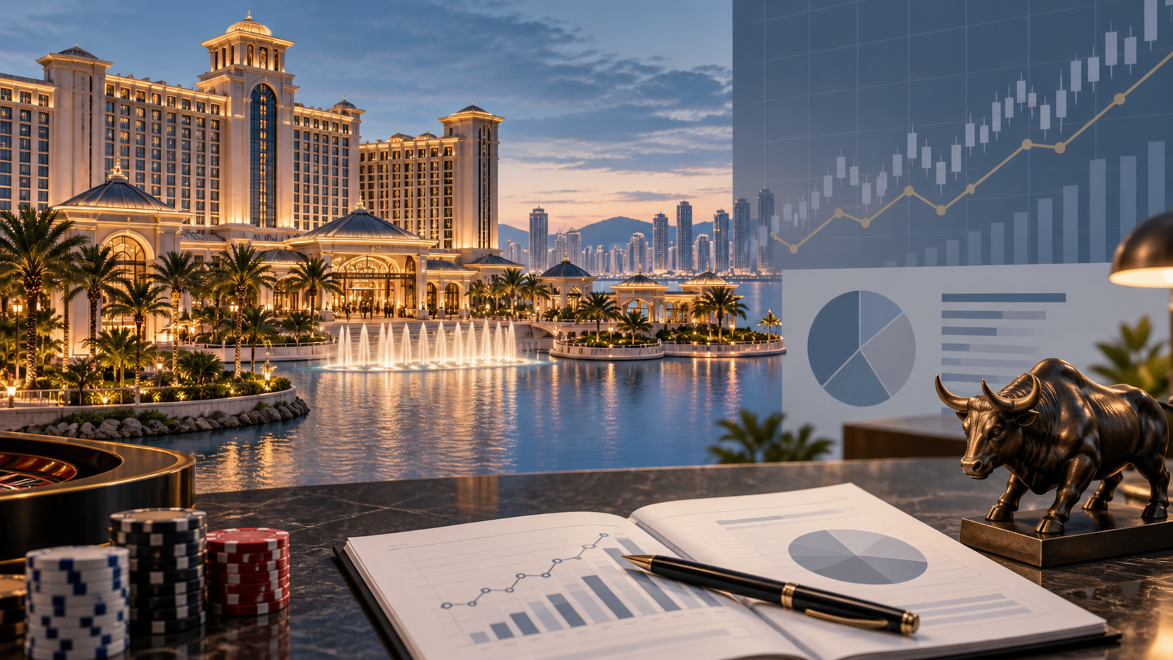 Editorial illustration of sports betting economics, a sportsbook ledger, and market data