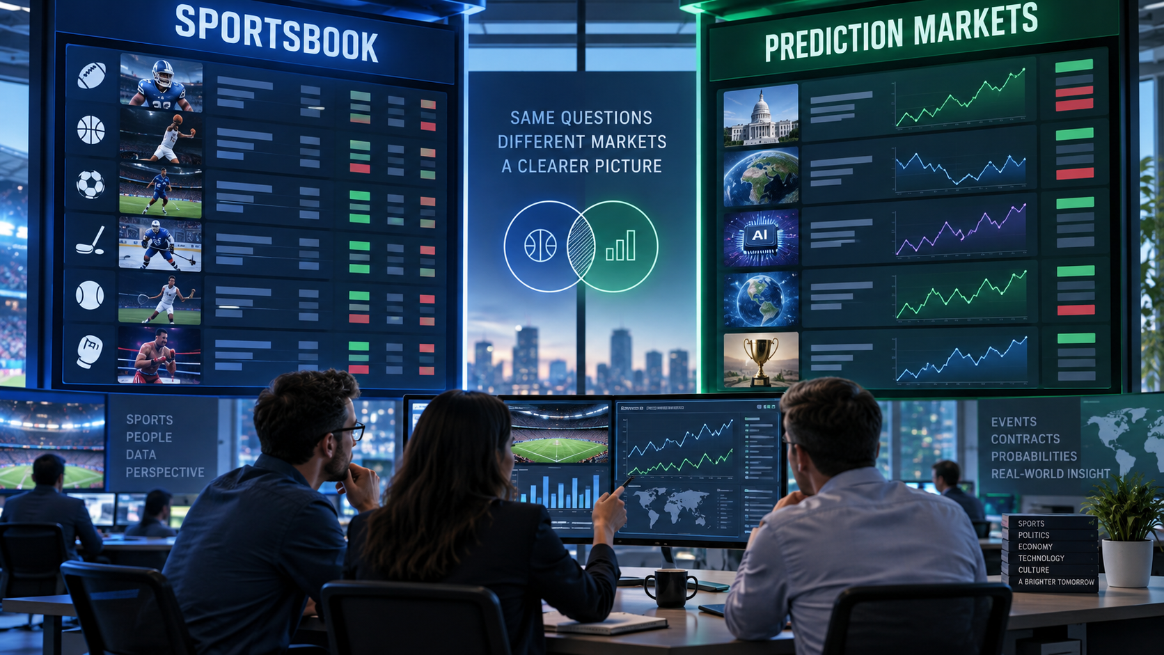 Editorial illustration comparing sportsbook use and prediction-market analytics