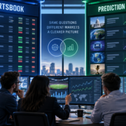 Editorial illustration comparing sportsbook use and prediction-market analytics