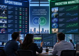 Editorial illustration comparing sportsbook use and prediction-market analytics