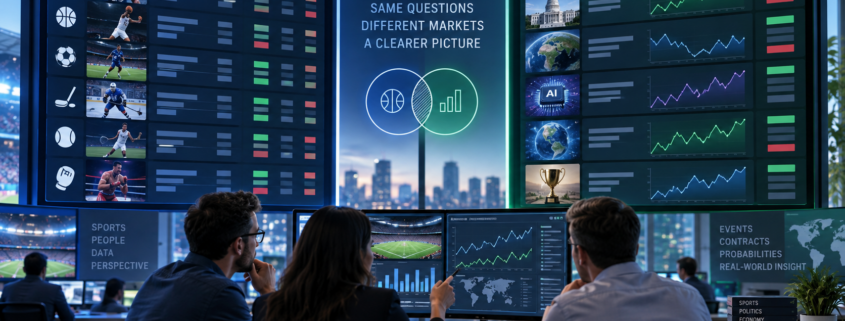 Editorial illustration comparing sportsbook use and prediction-market analytics