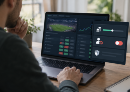 Editorial illustration of prediction market safeguards, deposit limits, self-exclusion, and a digital trading interface