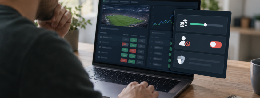 Editorial illustration of prediction market safeguards, deposit limits, self-exclusion, and a digital trading interface