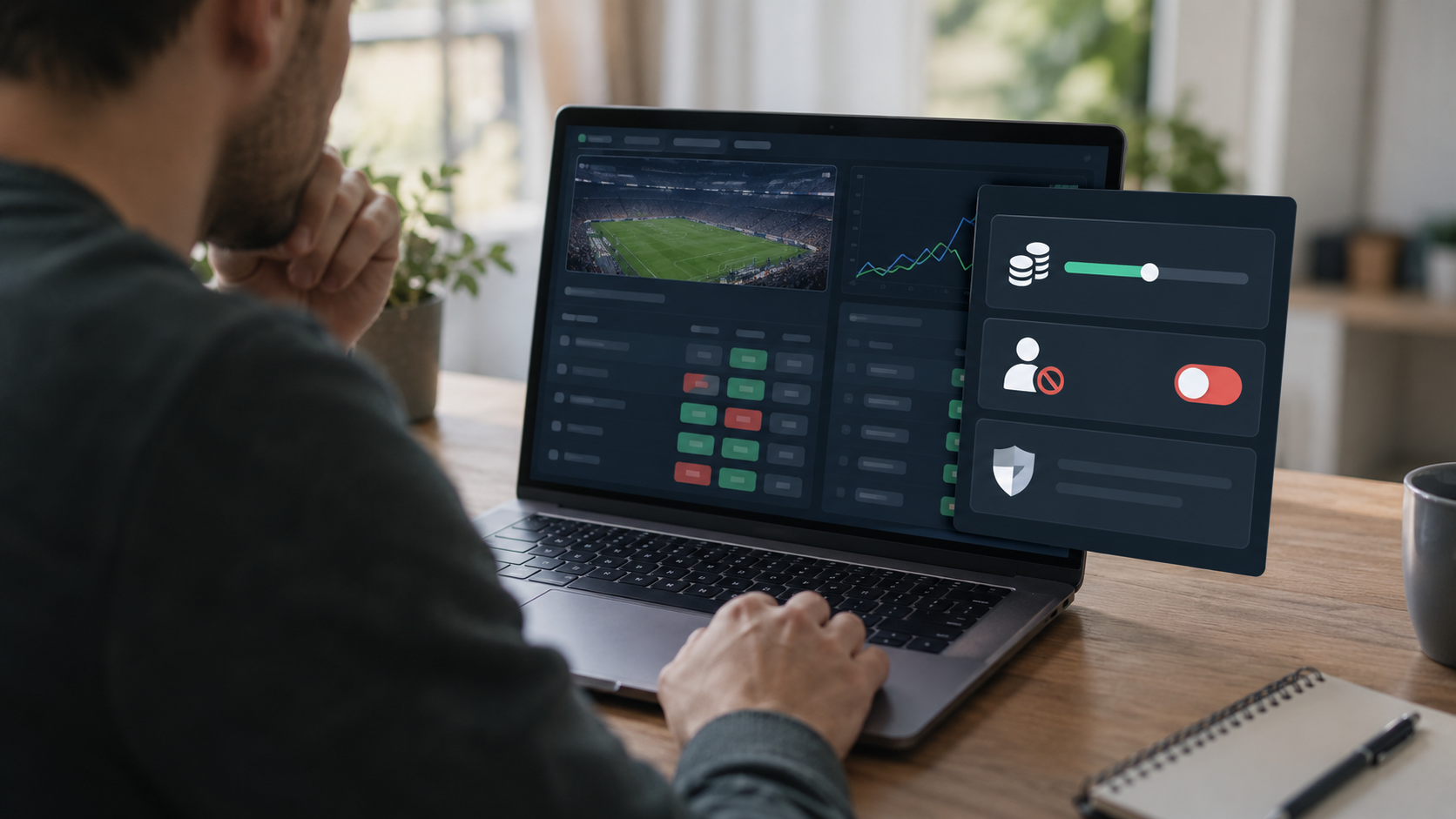 Editorial illustration of prediction market safeguards, deposit limits, self-exclusion, and a digital trading interface