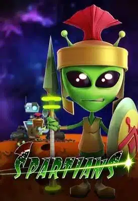 Little warrior green alien with shield and sword