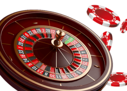 online Roulette wheel with red and white casino chips